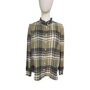 Ann Taylor Weekend Ruffle Collar Green Gray Plaid Soft Flannel Shirt Size M